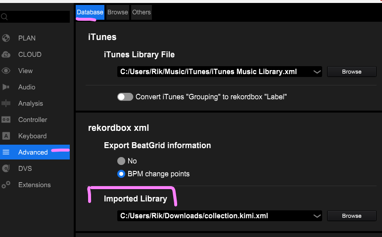 Advanced settings to set the imported library path in Rekordbox